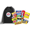 Black Cinch Bag Filled With Snacks